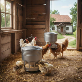 KOL hanging feeder at adjustable height suitable for chicks and adults.