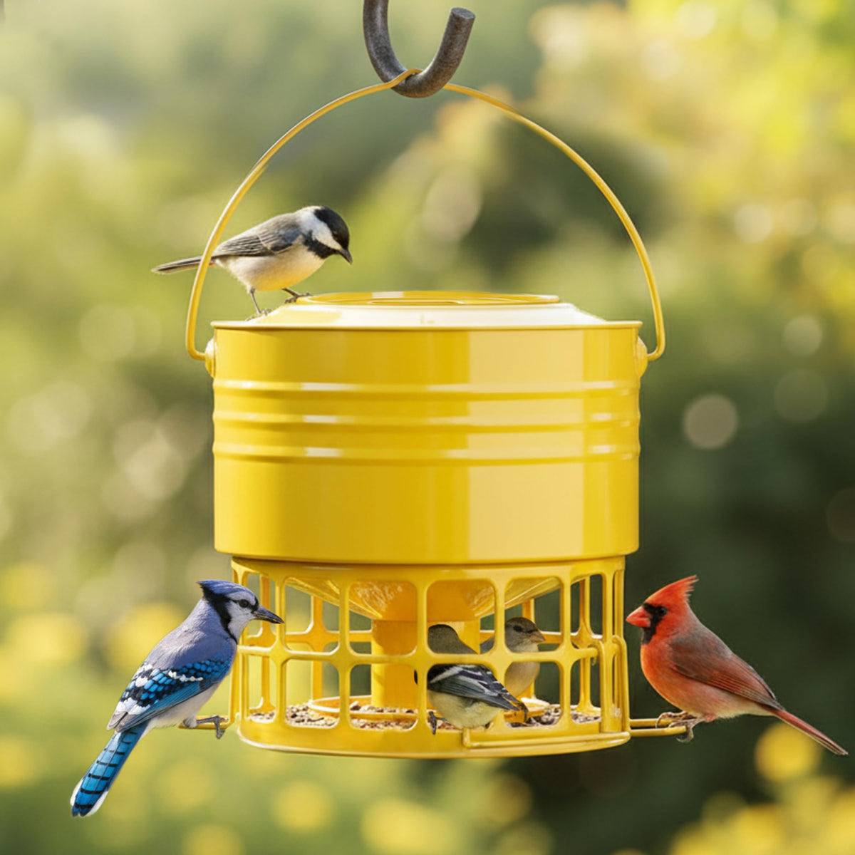 KOL large bird feeder front view in earthy yellow, ideal for attracting cardinals.