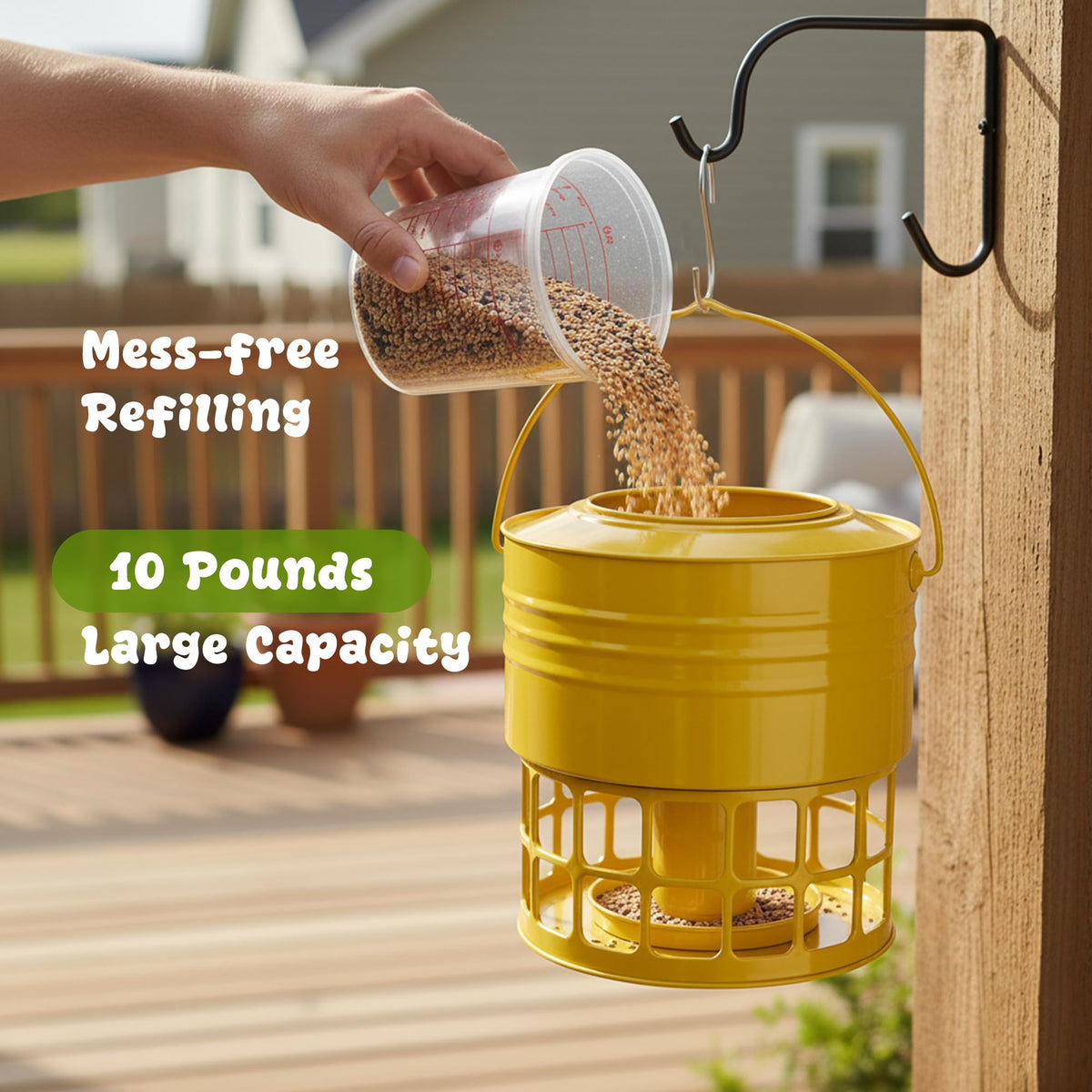 KOL large bird feeder refill opening in earthy yellow, makes refilling easier.