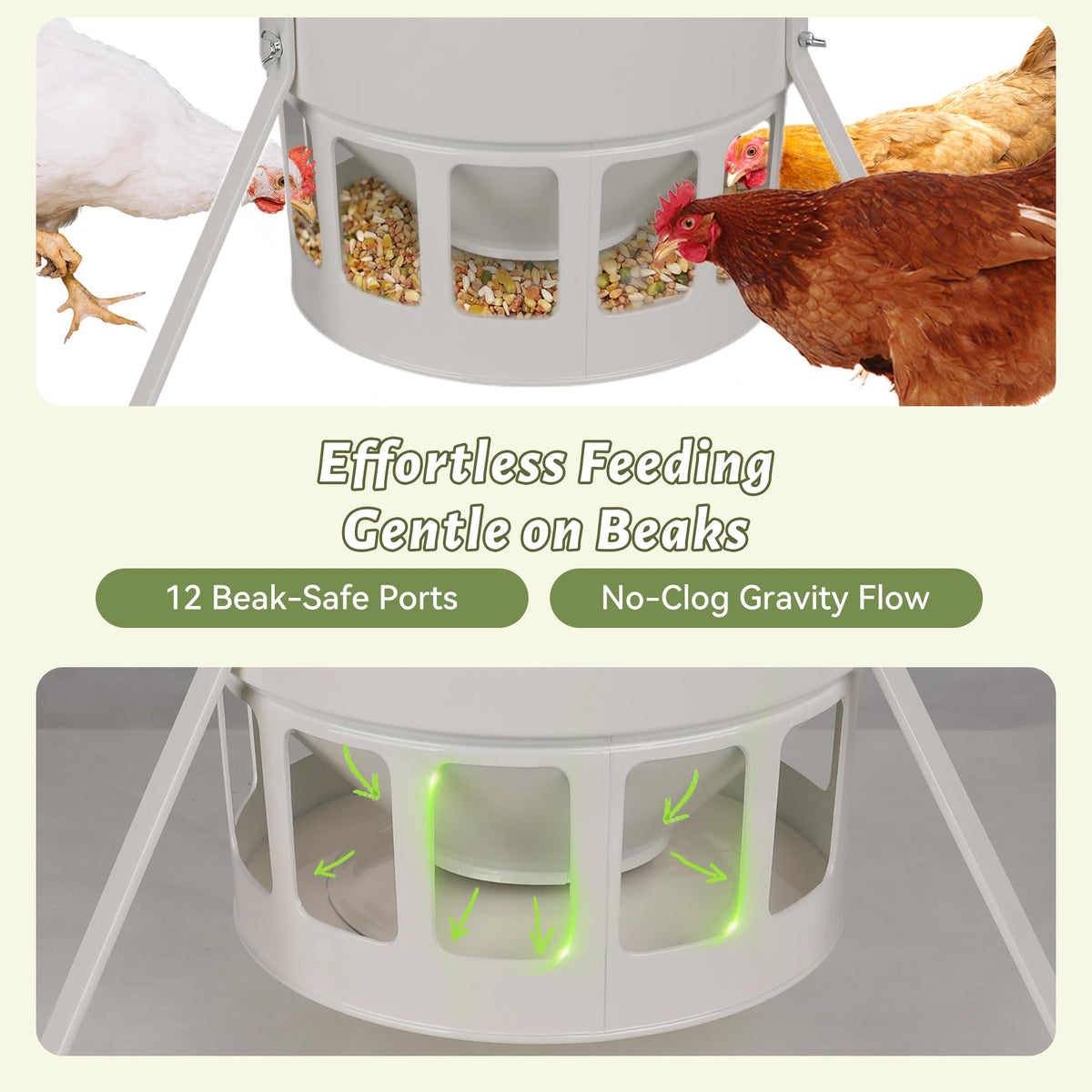 Ground-mounted design keeps feed clean and dry outside.
