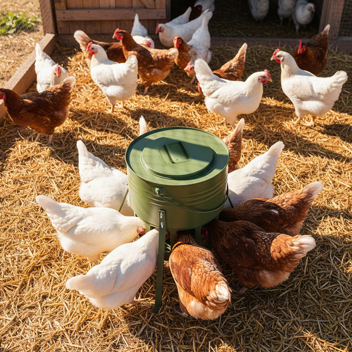 Movable handle allows easy relocation between coops or runs.