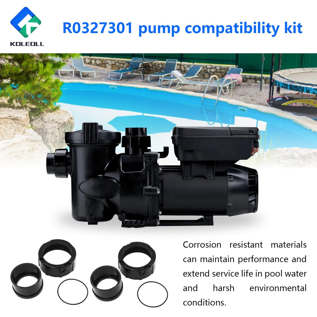 KOLEOLL R0327301 installation scene highlights quick assembly for compatible Jandy pumps.