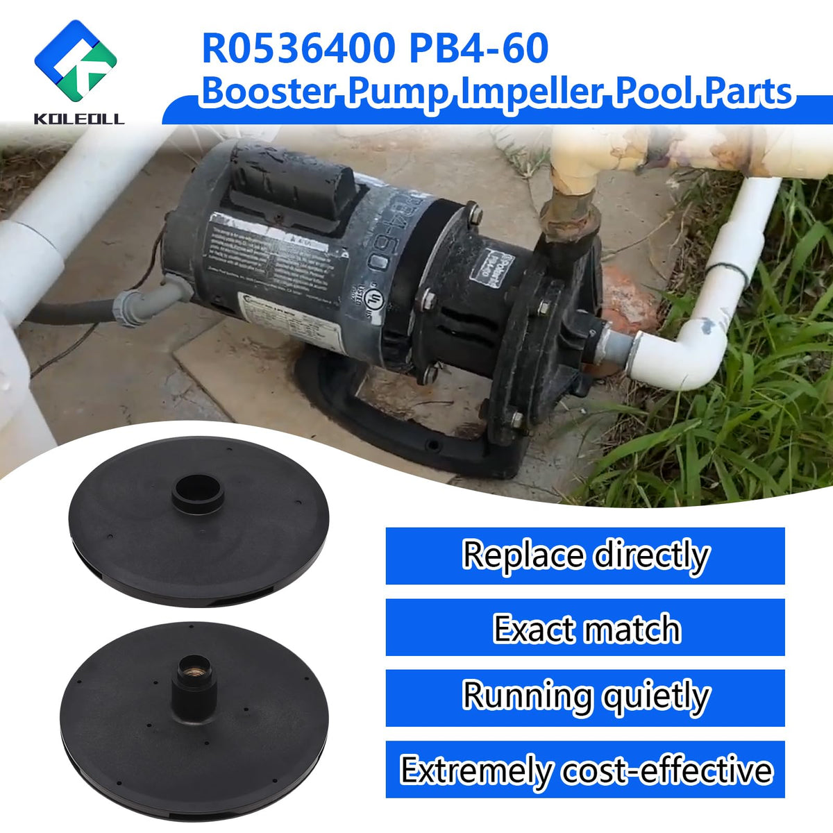 KOLEOLL R0536400 impeller — material detail highlights corrosion-resistant composition for pool environments.