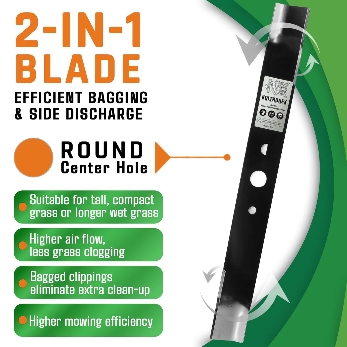 KOLTRUNEX black powder coated blade offers corrosion resistance against the elements.