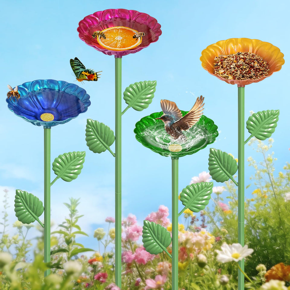 KOMIBOBO bee watering station with flower design attracts pollinators in sunny gardens.