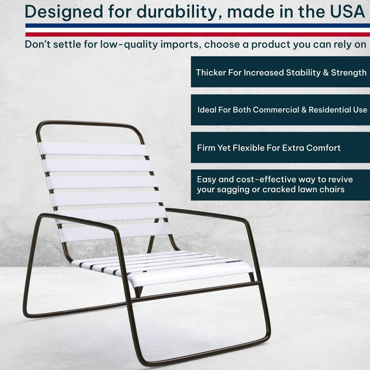 KOMORAX USA-made vinyl straps for durable outdoor use.
