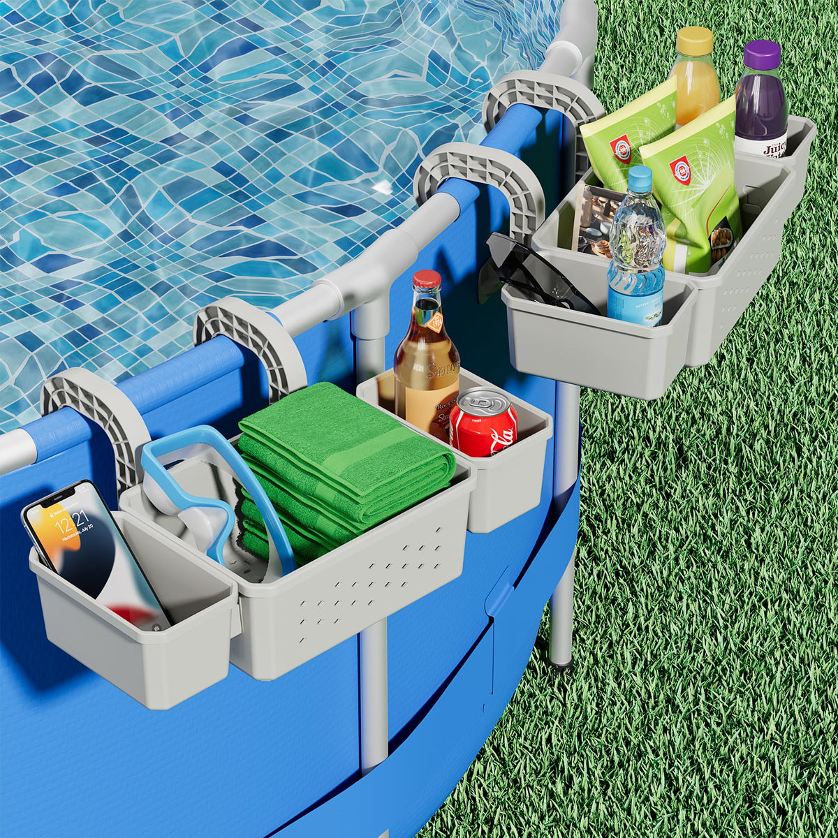 Kompoll poolside cup holder adds convenient drink slots for poolside lounging.