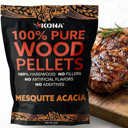 Kona 100% mesquite smoker pellets front of resealable bag for rich wood-fired flavor