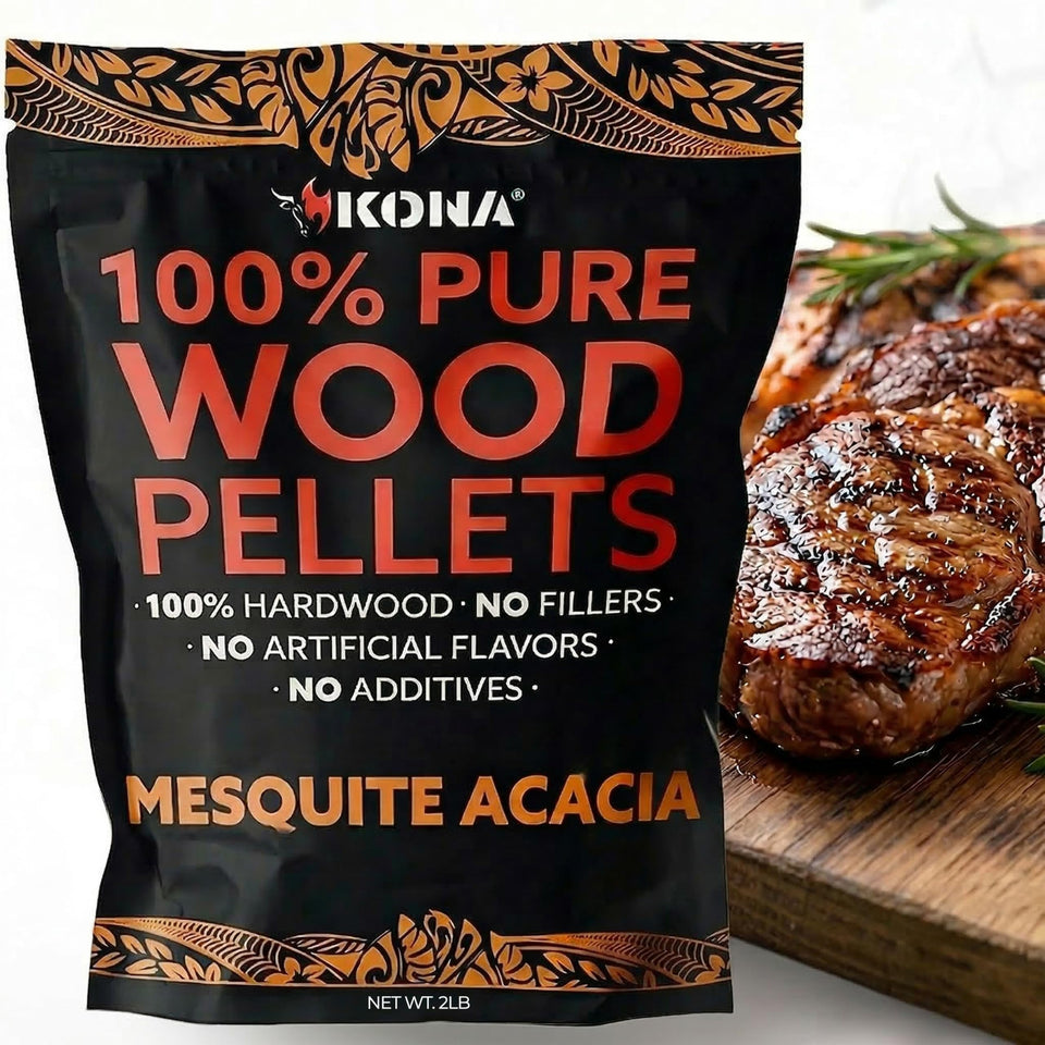 Kona 100% mesquite smoker pellets front of resealable bag for rich wood-fired flavor