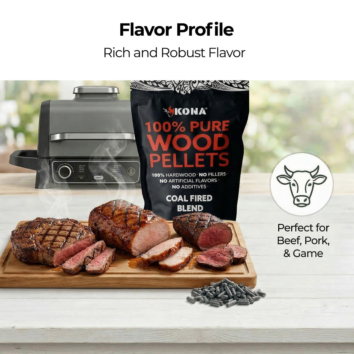 Kona pellets on grill side setup showing deep flavor development during cooking