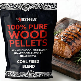 Kona Coal-Fired Pellets packaging label highlighting premium natural ingredients and smoky flavor