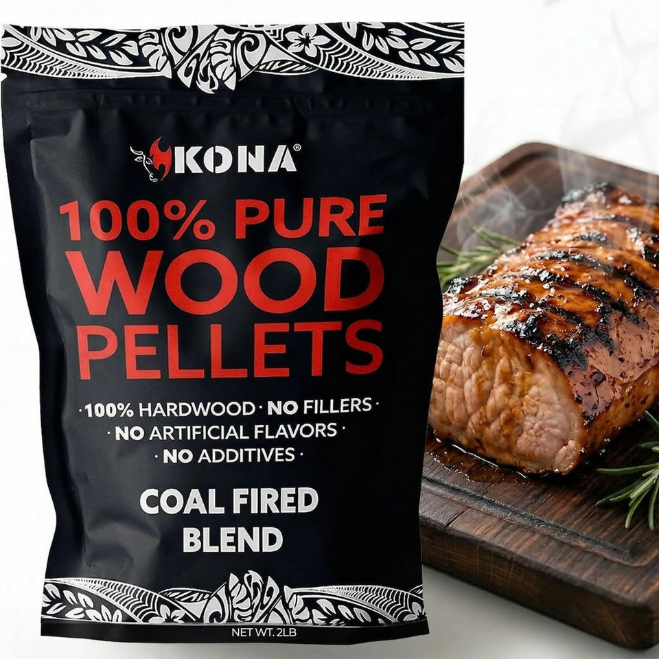 Kona Coal-Fired Pellets packaging label highlighting premium natural ingredients and smoky flavor