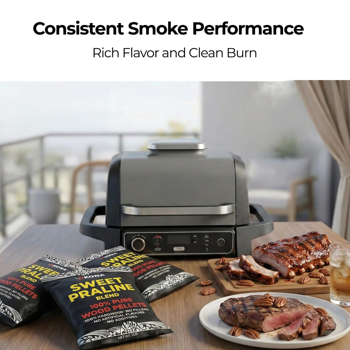 Ninja Woodfire grill setup with Kona pellets delivering smoky praline aroma