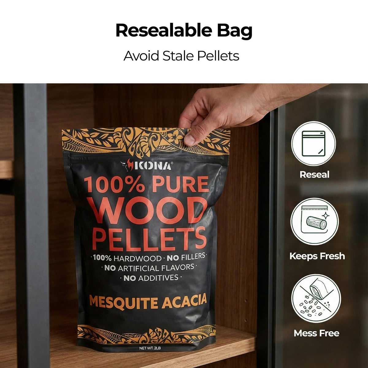 Kona pellets sprinkled on charcoal delivering clean burn and consistent smoke