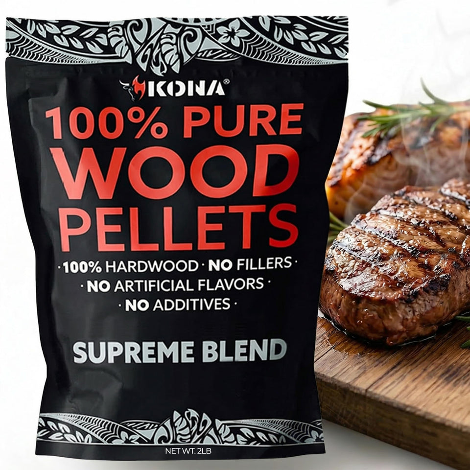 Kona Supreme Blend pellets package view, ready for Ninja Woodfire grilling.
