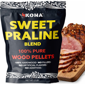 Kona Sweet Praline Pecan pellets in a resealable bag for rich wood-fired flavor