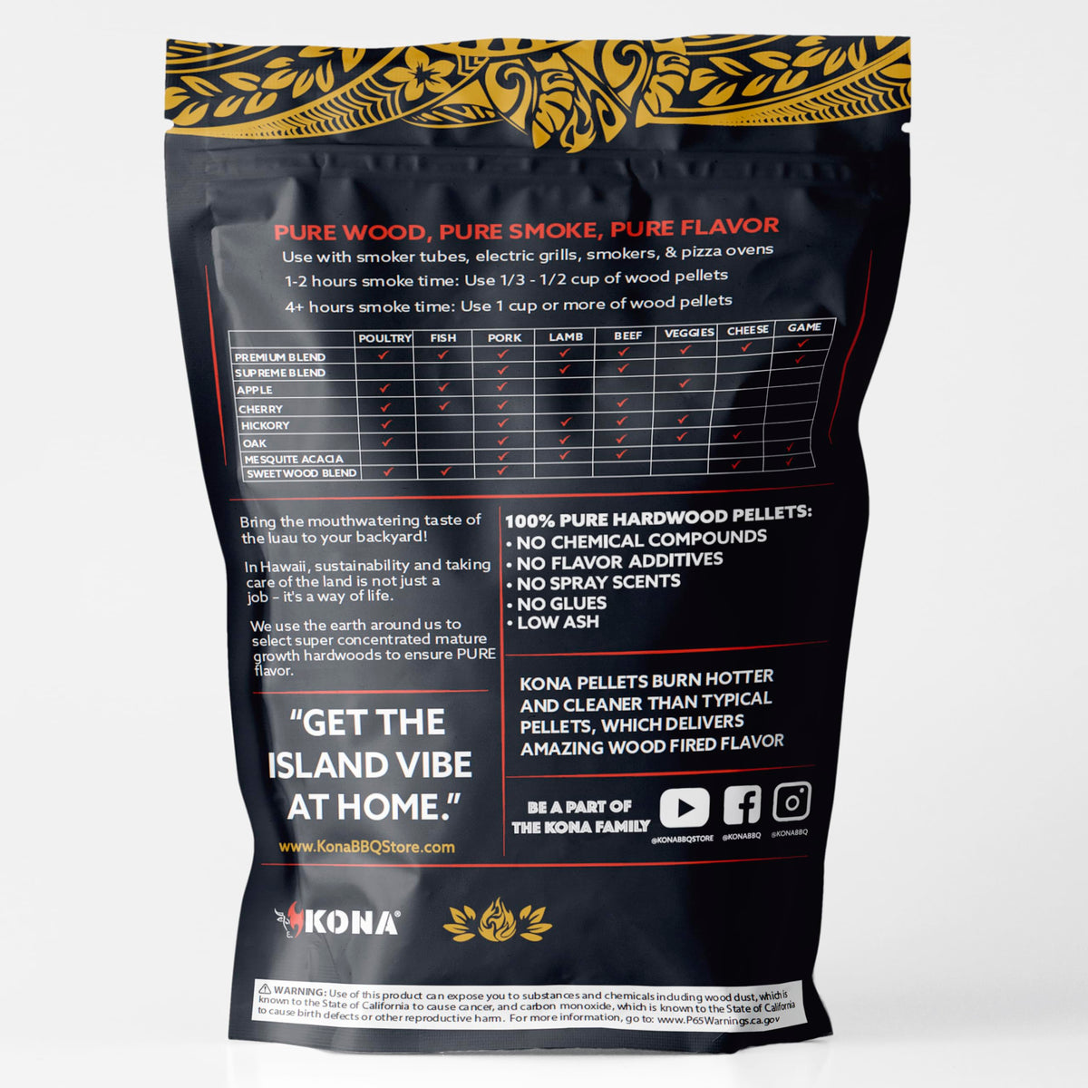 Kona Sweetwood blend pellets for nuanced, balanced indoor smoke.