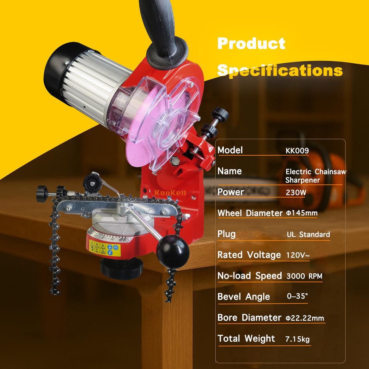 KonKell sharpener with rotating turntable enables consistent angle control.