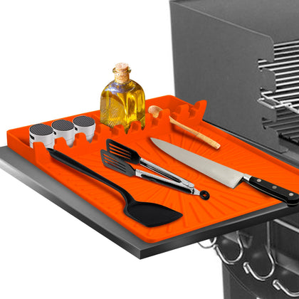 Koolstuffs silicone grill mat on side shelf organizing utensils with ample workspace