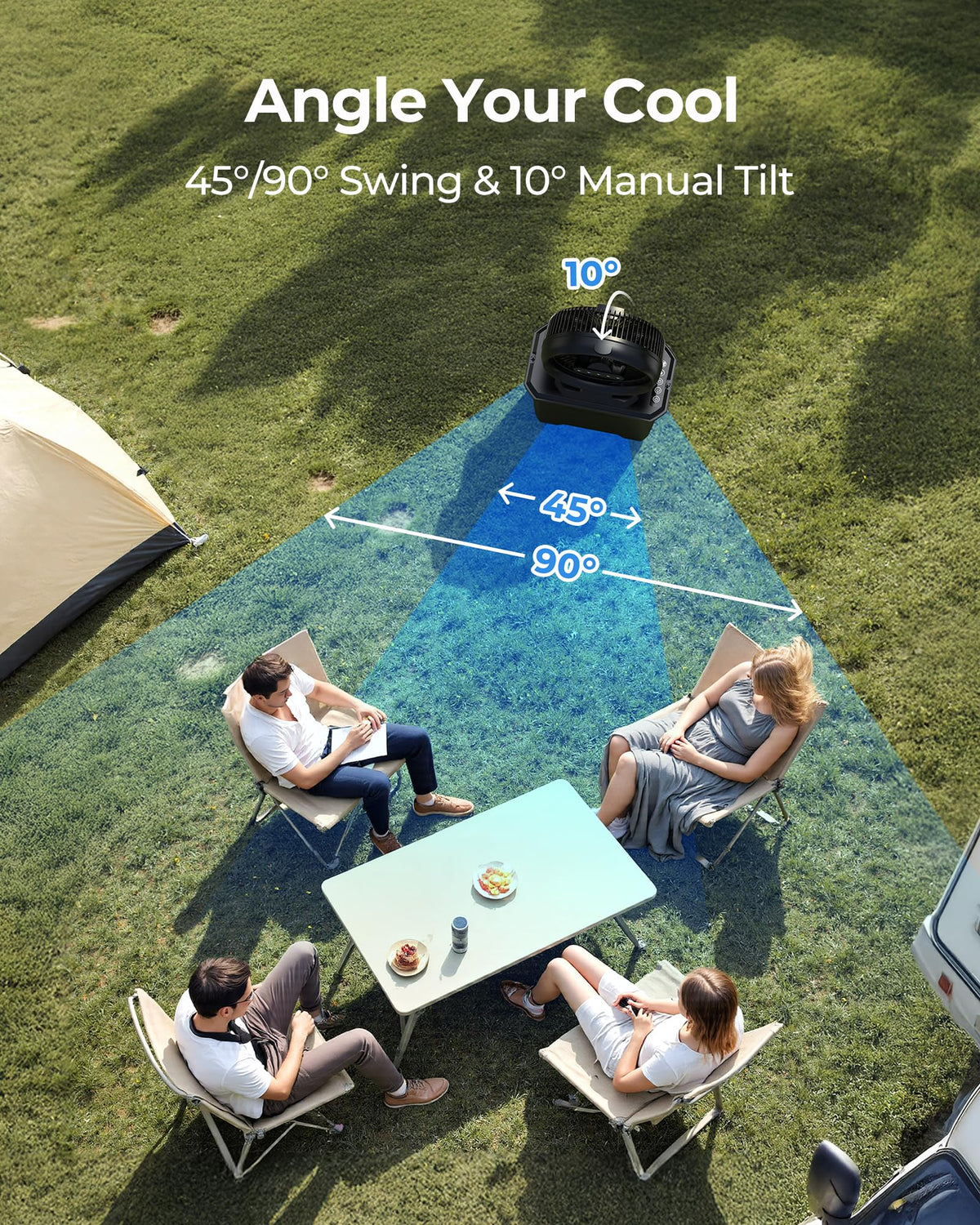 Koonie misting fan ten-degree tilt directs mist precisely