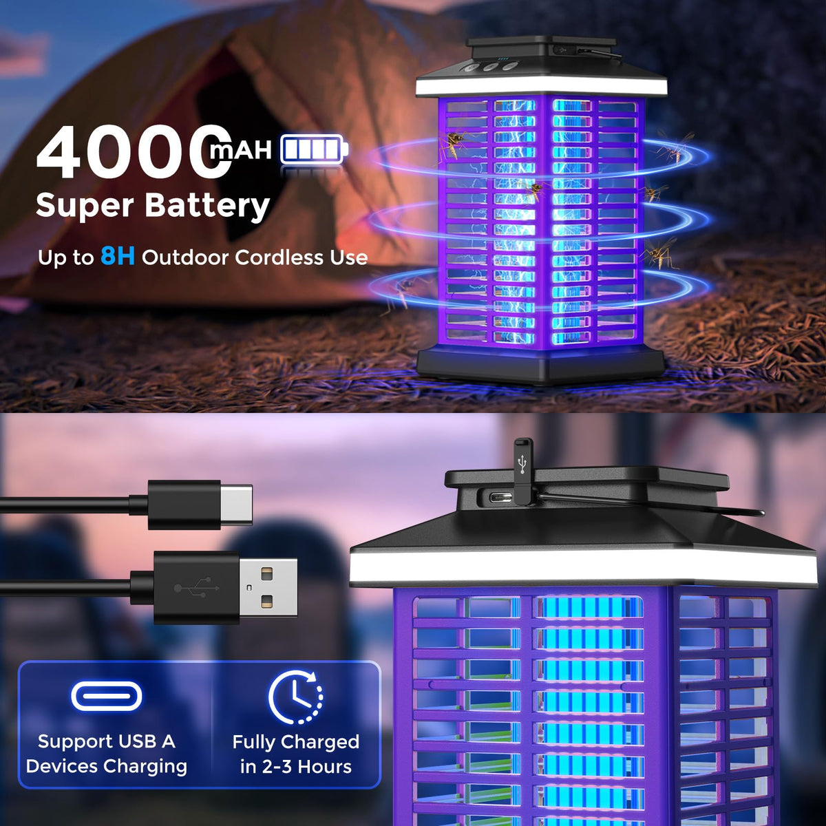 KOOSA 4000V high-voltage grid instantly zaps insects for quick outdoor pest control.