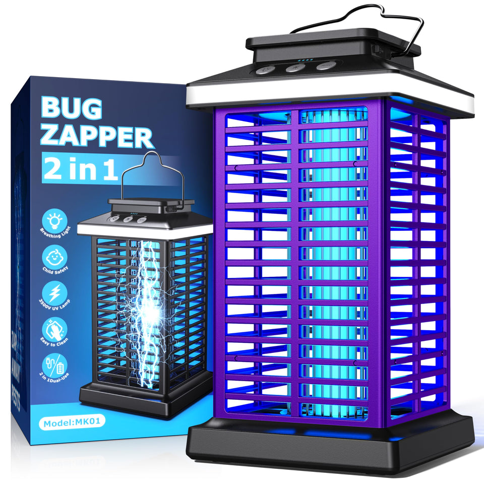 KOOSA Bug Zapper Outdoor purple highlights a 360° UV light to attract pests outdoors.