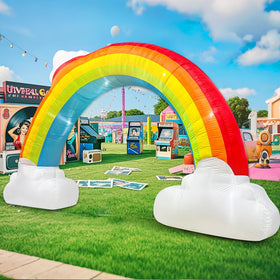 KOOY 14FT inflatable rainbow arch with cloud lights enhances outdoor party entrances.
