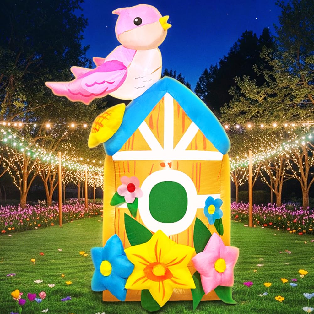 KOOY 5ft spring inflatable bird house stands tall with colorful flowers in the yard