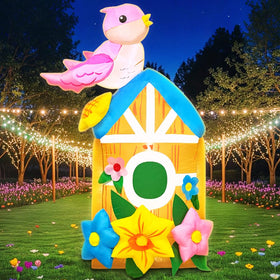 KOOY 5ft spring inflatable bird house stands tall with colorful flowers in the yard