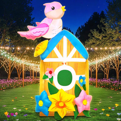 KOOY 5ft spring inflatable bird house stands tall with colorful flowers in the yard