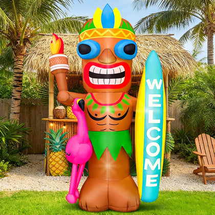 KOOY 5ft tiki inflatable with flamingo and surfboard for vibrant outdoor luau.