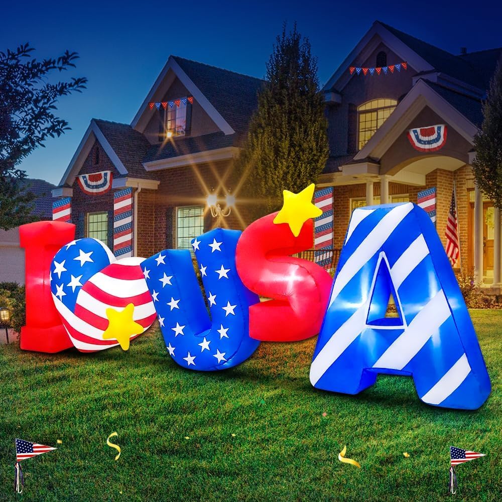 KOOY 8FT I LOVE USA inflatable with LED lights brightens outdoor Independence Day display.