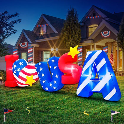 KOOY 8FT I LOVE USA inflatable with LED lights brightens outdoor Independence Day display.