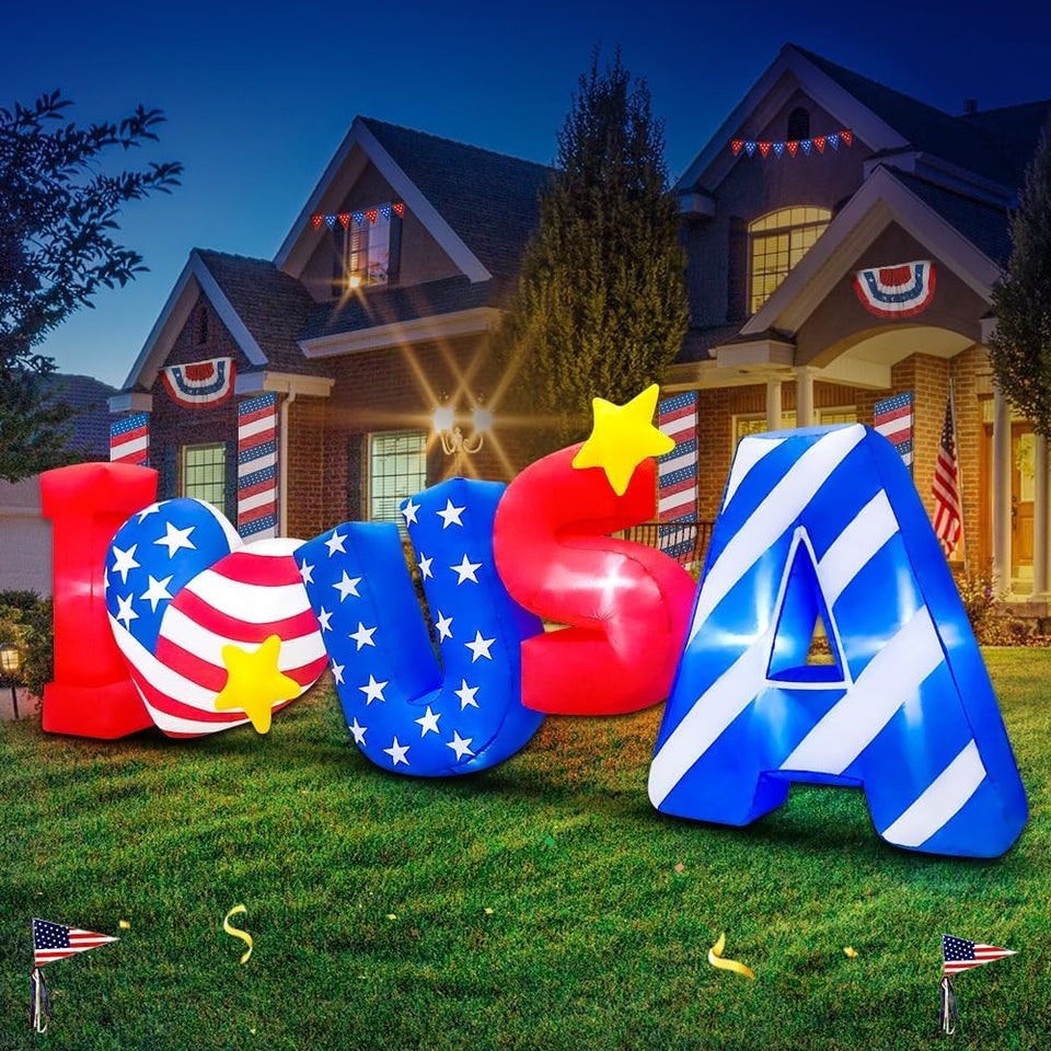 KOOY 8FT I LOVE USA inflatable with LED lights brightens outdoor Independence Day display.
