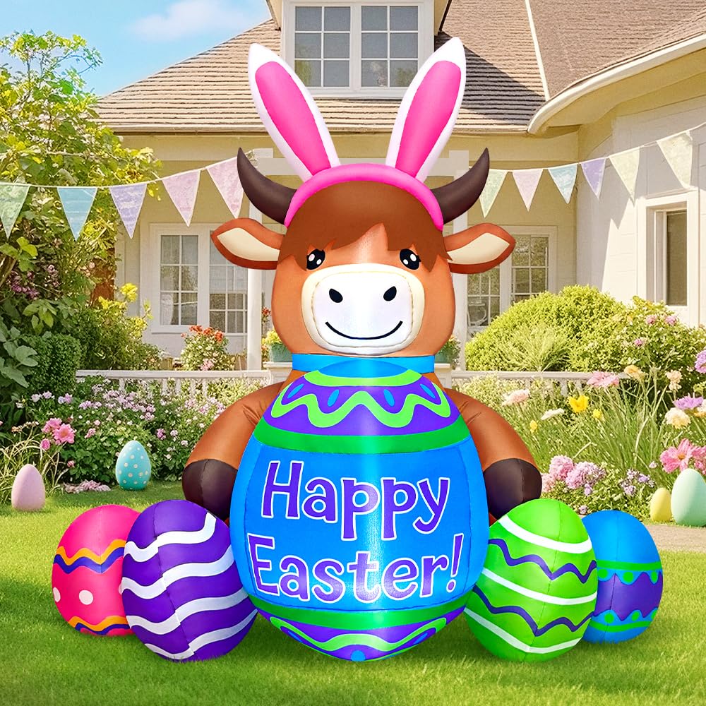 KOOY Easter inflatable Highland cattle with bunny ears for festive outdoor decor.