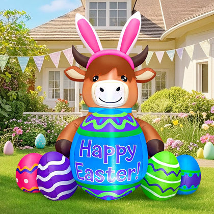 KOOY Easter inflatable Highland cattle with bunny ears for festive outdoor decor.