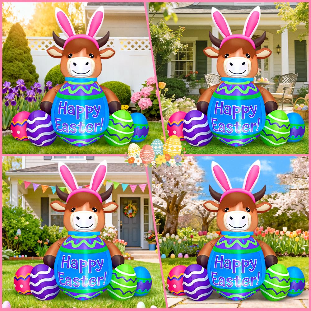KOOY Easter inflatable Highland cattle with lit egg for bright nighttime display.