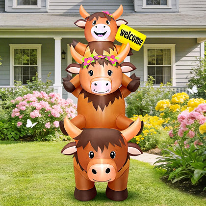 KOOY Highland Cow inflatable front view with LED lights brighten outdoor spring decor
