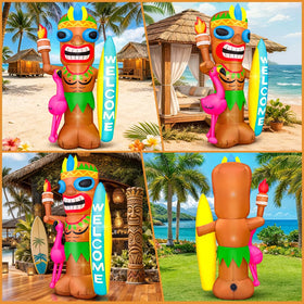 KOOY LED-lit tiki decor glows at night for tropical party ambiance.