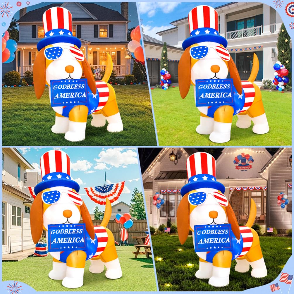 KOOY patriotic LED inflatable dog night light illuminating the yard.