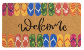 KorhLeoh Hello Summer doormat front view with colorful flip-flop pattern welcomes guests