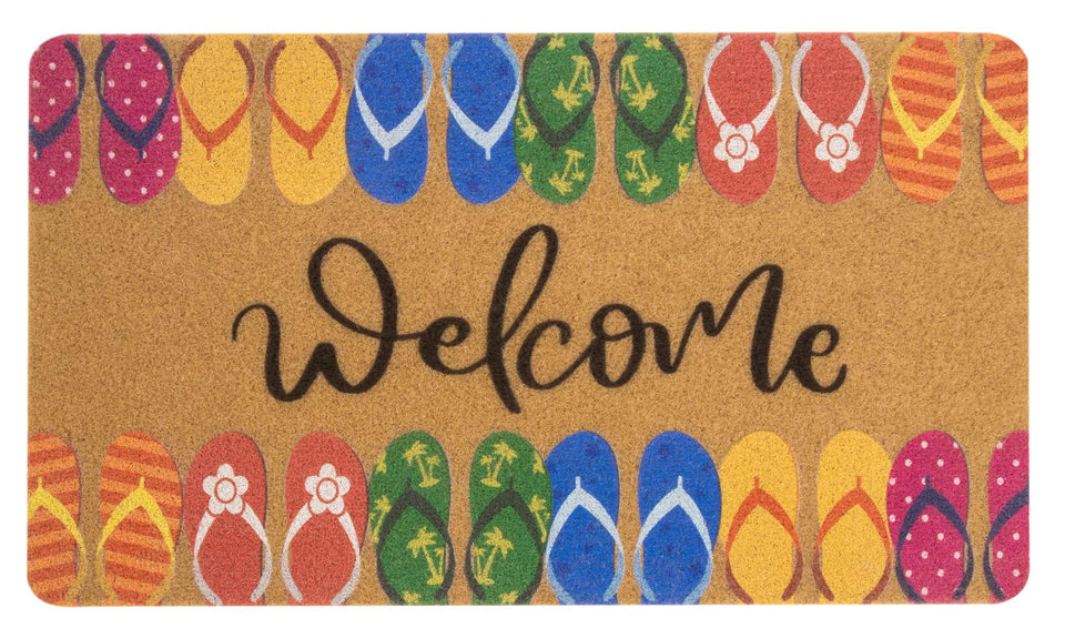 KorhLeoh Hello Summer doormat front view with colorful flip-flop pattern welcomes guests