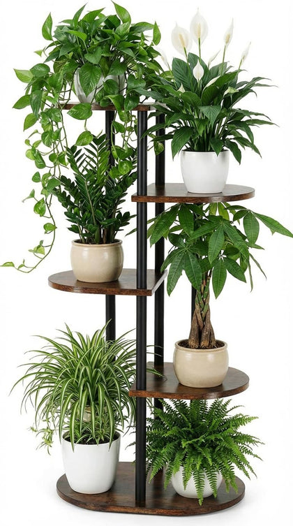 Korrie Home 5-tier corner display plant stand shows space-saving organization