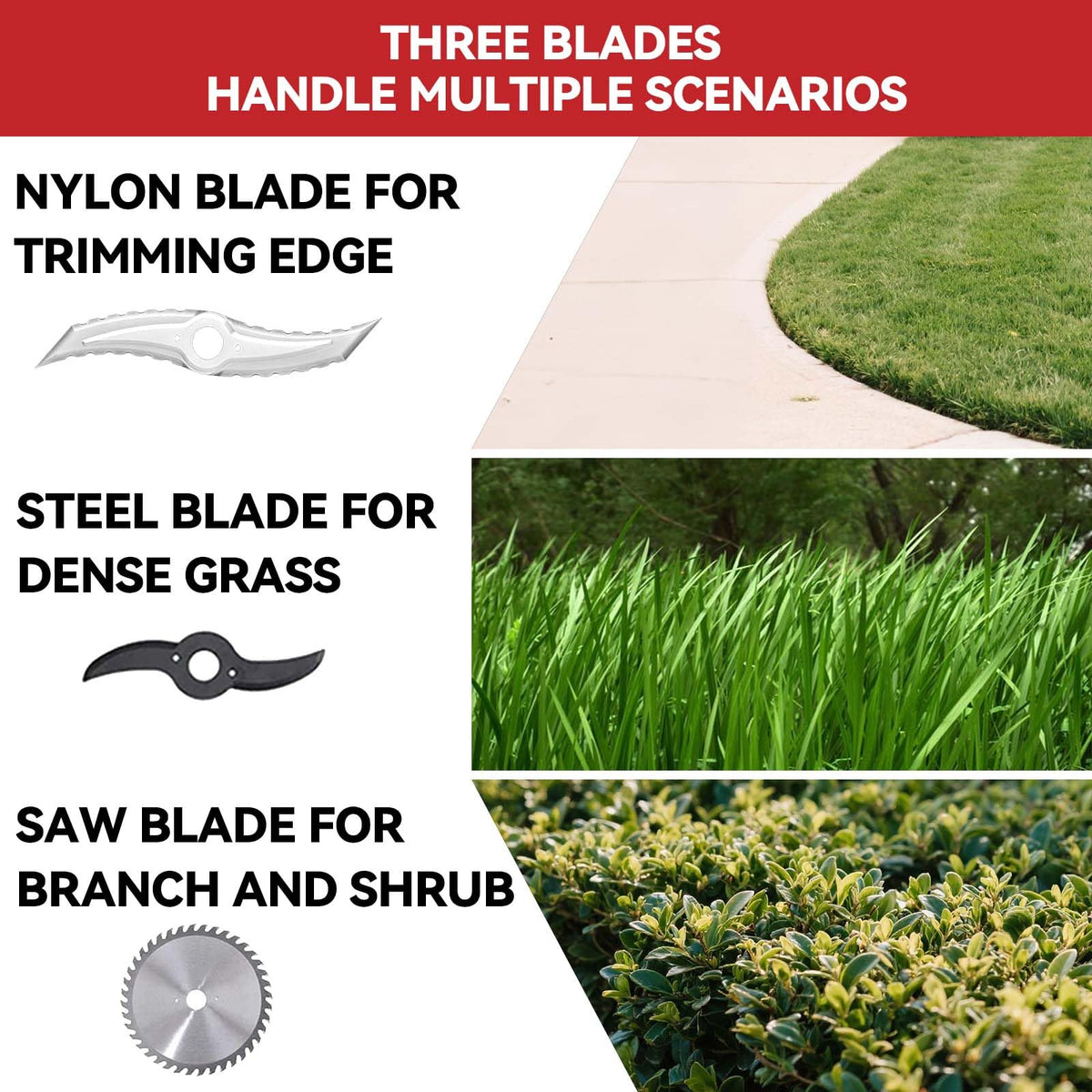 Korunria 3-in-1 weed cutter with mower, edger, and shrub trimming capabilities.