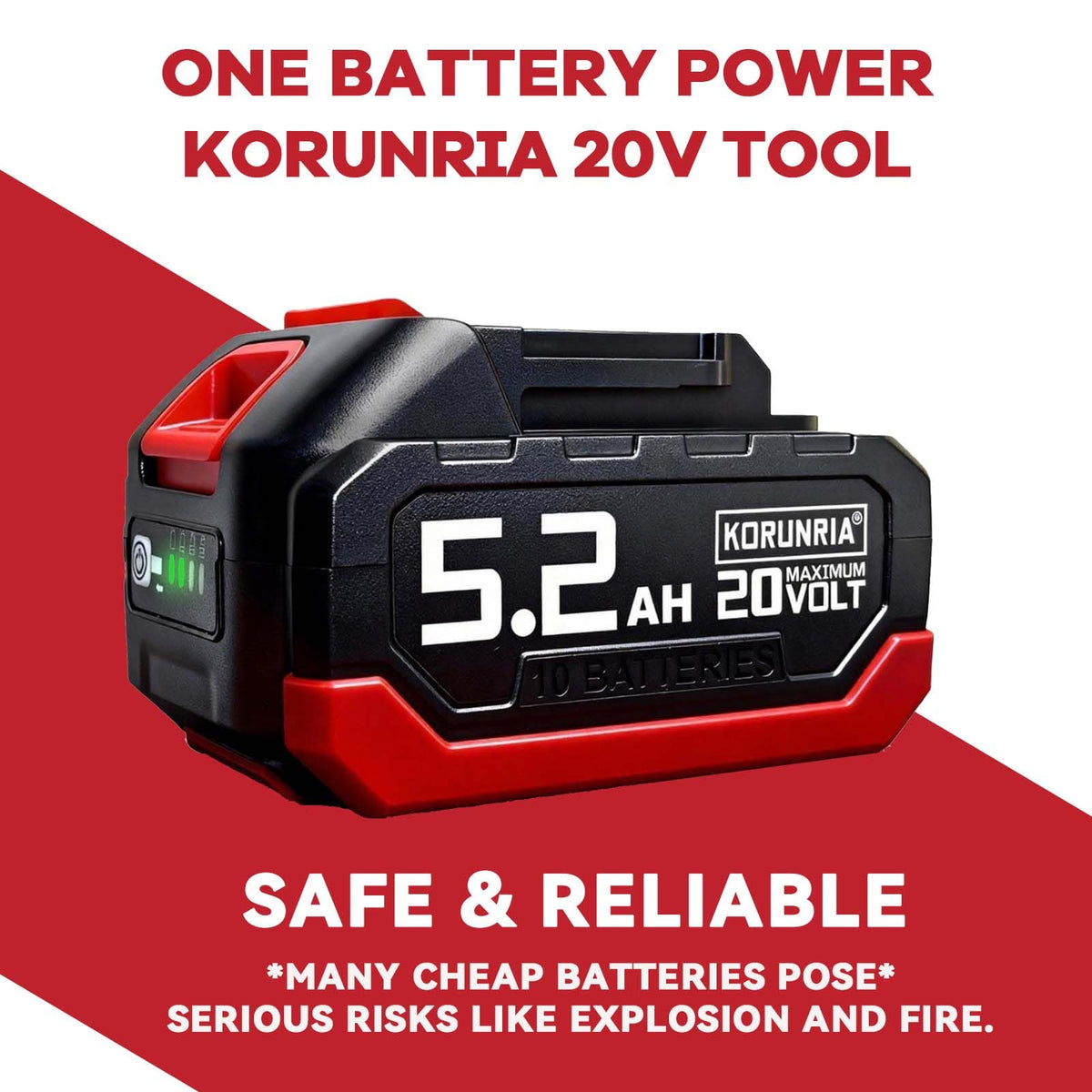 Korunria 5.2Ah battery with runtime indicator shows remaining power clearly.