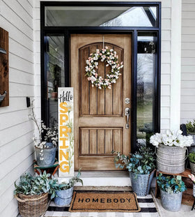KORVITA Hello Spring outdoor display on porch or patio with weather-friendly finish