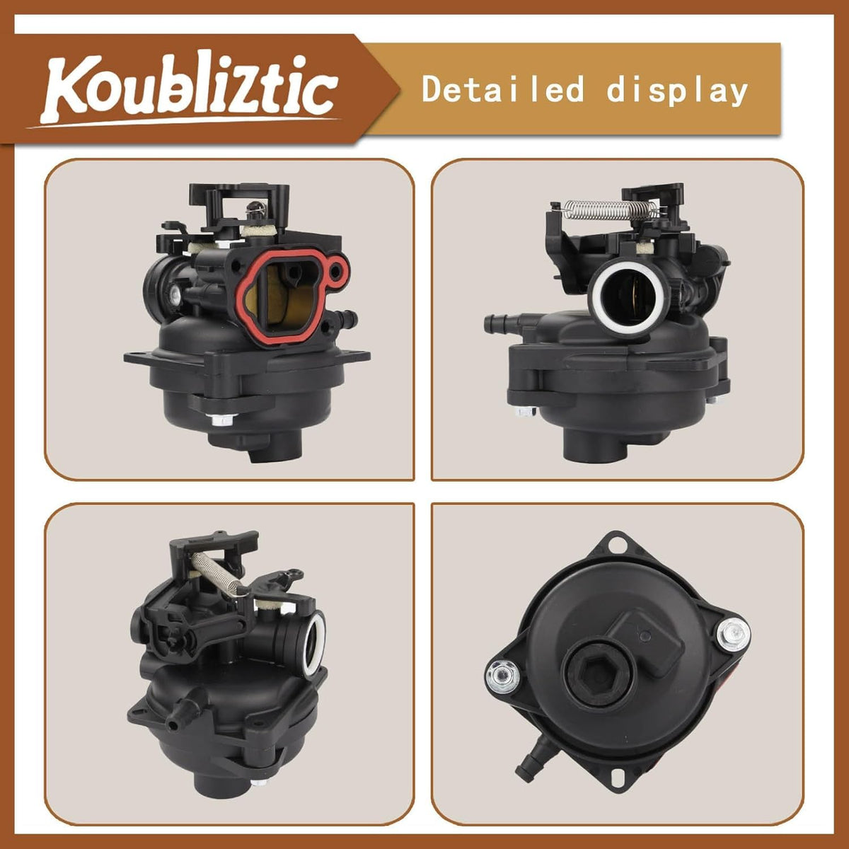 Koubliztic throat clamps; ensure tight seals during rebuilds.
