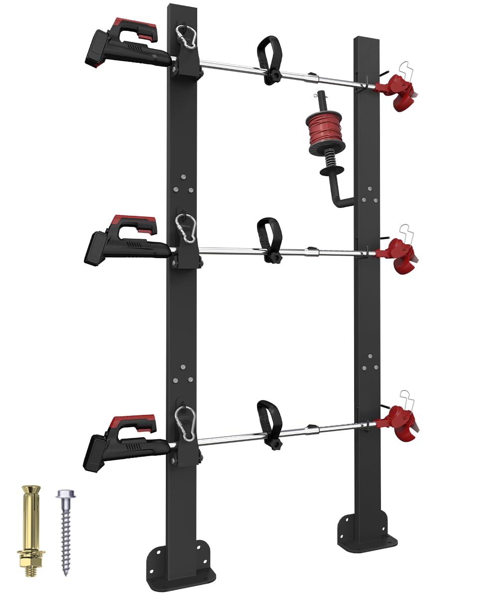 Koutemie 3 place weed eater rack mounted on open trailer for organized trimming tools