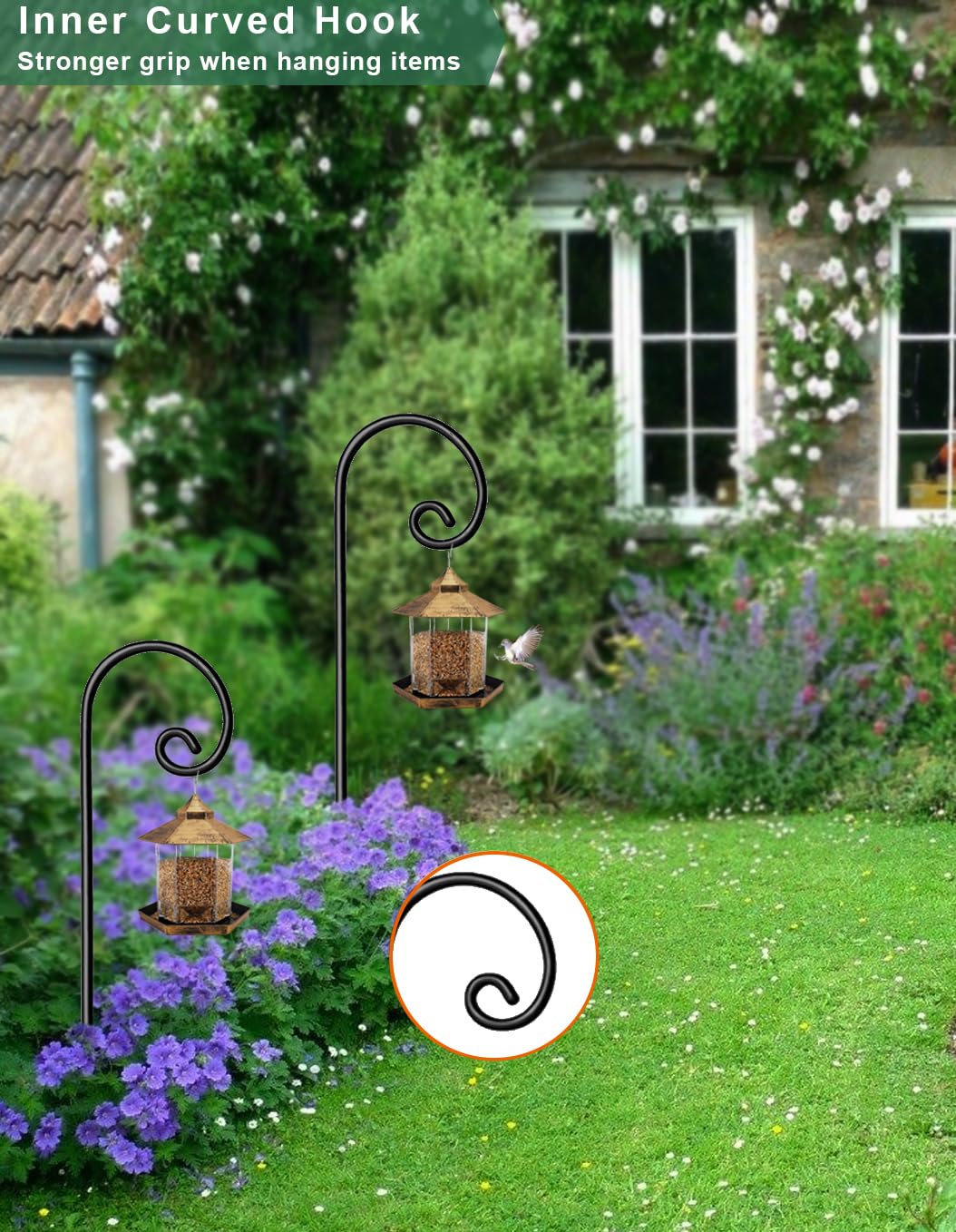Koutemie curved hook design provides secure hanging for plants and lanterns.