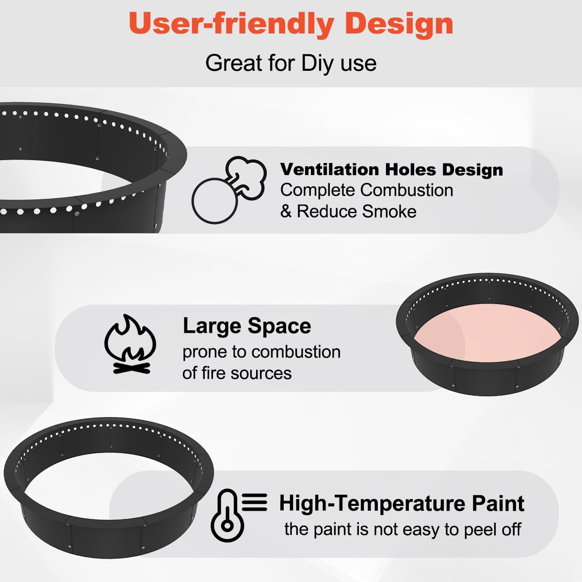 Koutemie inner diameter 39-inch ring supports generous wood burning.